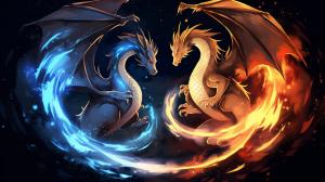 Mega Charizard X and Mega Charizard Y flying with a yin and yang theme 4K