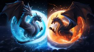 Mega Charizard X and Mega Charizard Y flying with a yin and yang theme 4K