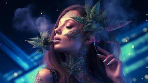 Attractive tattooed brunnette woman, smoking weed, in outer space