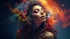 Attractive tattooed brunnette woman, smoking weed, in outer space