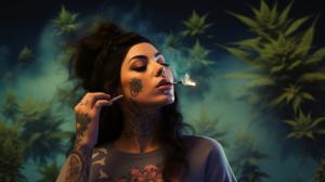 Attractive tattooed brunnette woman, smoking weed, in outer space