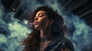 Attractive tattooed brunnette woman, smoking weed, in outer space