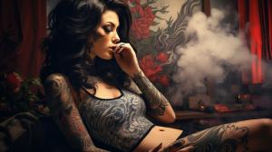 Tattooed Brunette Girl, smoking weed, in the bed