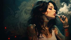 Tattooed Brunette Girl, smoking weed, in the bed