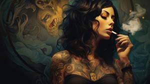 Tattooed Brunette Girl, smoking weed, in the bed