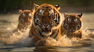 happy tiger family chasing each other and swimming in a large lake.