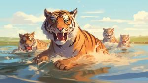 happy tiger family chasing each other and swimming in a large lake.