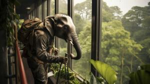 window cleaner man travels on elephant, Elephant sprays water to clean tree house windows that are dirty.