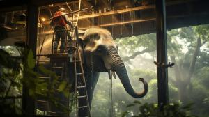 window cleaner man travels on elephant, Elephant sprays water to clean tree house windows that are dirty.