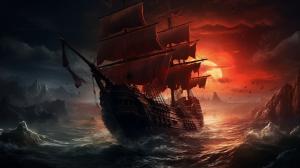 Pirate ship destroyed by kraken during a storm. Foggy blood-moon in the distance.