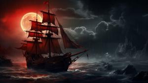 Pirate ship destroyed by kraken during a storm. Foggy blood-moon in the distance.