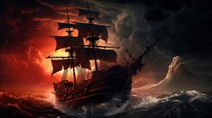 Pirate ship destroyed by kraken during a storm. Foggy blood-moon in the distance.