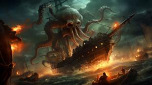 Pirate ship being attacked by kraken