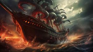 Pirate ship being attacked by kraken