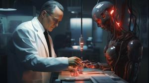 Generate laboratory with a doctor building repairing humain to cyborg with a bionic arm. old tv style at the back  everywhere and red black liquid ready to be injected