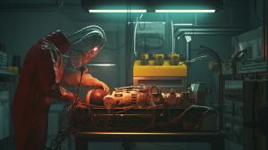 Generate laboratory with a doctor building repairing humain to cyborg lying on a srugery table with a bionic arm. old tv style at the back  everywhere and red black liquid ready to be injected. dark and yellow grunch atmosphere