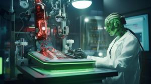 Generate laboratory with a doctor building repairing humain to cyborg lying on a srugery table with a bionic arm. old tv style at the back  everywhere and red black liquid ready to be injected. green matrix look. Cyborg with human faces.