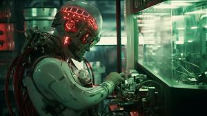 Generate laboratory with a doctor building repairing humain to cyborg lying on a srugery table with a bionic arm. old tv style at the back  everywhere and red black liquid ready to be injected. green matrix look. Cyborg with human faces.