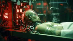 Generate laboratory with a doctor building repairing humain to cyborg lying on a srugery table with a bionic arm. old tv style at the back  everywhere and red black liquid ready to be injected. green matrix look. Cyborg with human faces.