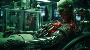 Generate laboratory with a human doctor building repairing humain to cyborg lying on a srugery table with a bionic arm. old tv style at the back  gauging the cyborg level of hate. Red black liquid in ready intravenous infusion. Green matrix look. Cyborg with human appearence with a bionic arm being set.