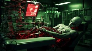 Generate laboratory with a human doctor building repairing humain to cyborg lying on a srugery table with a bionic arm. old tv style at the back  gauging the cyborg level of hate. Red black liquid in ready intravenous infusion. Green matrix look. Cyborg with human appearence with a bionic arm being set.