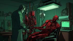 Generate laboratory with a human doctor building repairing humain to cyborg lying on a srugery table with a bionic arm. old tv style at the back  gauging the cyborg level of hate. Red black liquid in ready intravenous infusion. Green matrix look. Cyborg with human appearence with a bionic arm being set.