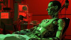 Generate laboratory with a human doctor building repairing humain to cyborg lying on a srugery table with a bionic arm. old tv style at the back  gauging the cyborg level of hate. Red black liquid in ready intravenous infusion. Green matrix look. Cyborg with human appearence with a bionic arm being set. wide angle to see both doctor hugo Strange and the cyborg