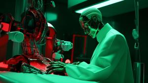 Generate laboratory with a human doctor building repairing humain to cyborg lying on a srugery table with a bionic arm. old tv style at the back  gauging the cyborg level of hate. Red black liquid in ready intravenous infusion. Green matrix look. Cyborg with human appearence with a bionic arm being set. wide angle to see both doctor hugo Strange and the cyborg