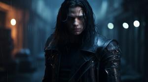 cyborg getting out of the laboratory destroy a wall with smug. Human style cyborg with half human face half cyborg wearing a long black leather coat. The cyborg has long hair