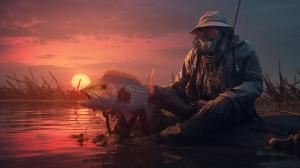 a man fishing in the wasteland of post apocloliptic times he is half man half cyborg, photorealism 4k ultr high def with neon tones