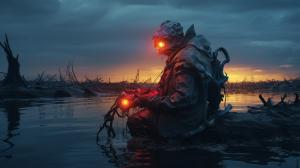 a man fishing in the wasteland of post apocloliptic times he is half man half cyborg, photorealism 4k ultr high def with neon tones