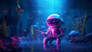 a astronaut fishing from one planet into another galaxy neon tones the galaxy miniture ALIENS NEON TONES HD