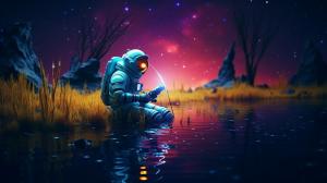 a astronaut fishing from one planet into another galaxy neon tones the galaxy miniture ALIENS NEON TONES HD