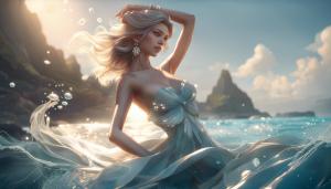 beautiful fashion elegant goddness of water, chic strapless dress, tropical sea background, character design, in the style of artgerm, and wlop, chanel jewelry, cinematic lighting, hyperdetailed, 8 k realistic, symmetrical, global illumination, radiant light, love and mercy, frostbite 3 engine, cryengine, dof, trending on artstation, digital art, crepuscular ray