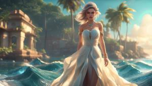 beautiful fashion elegant goddness of water, chic strapless dress, tropical sea background, character design, in the style of artgerm, and wlop, chanel jewelry, cinematic lighting, hyperdetailed, 8 k realistic, symmetrical, global illumination, radiant light, love and mercy, frostbite 3 engine, cryengine, dof, trending on artstation, digital art, crepuscular ray