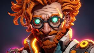 glowwave portrait of curly orange haired mad scientist man from borderlands 3, au naturel, hyper detailed, digital art, trending in artstation, cinematic lighting, studio quality, smooth render, unreal engine 5 rendered, octane rendered, art style by pixar dreamworks warner bros disney riot games and overwatch.