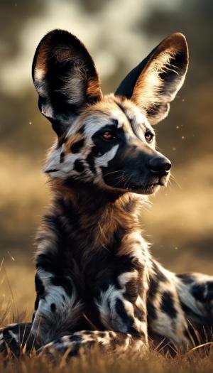 an african wild dog sitting on its belly, front legs out on the african plains, friendly, long grass, sparkling water, glistening, hyper realistic, hyper detailed, digital art, trending in artstation, cinematic lighting, studio quality, smooth render, unreal engine 5 rendered, octane rendered