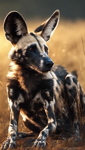 an african wild dog sitting on its belly, front legs out on the african plains, friendly, long grass, sparkling water, glistening, hyper realistic, hyper detailed, digital art, trending in artstation, cinematic lighting, studio quality, smooth render, unreal engine 5 rendered, octane rendered