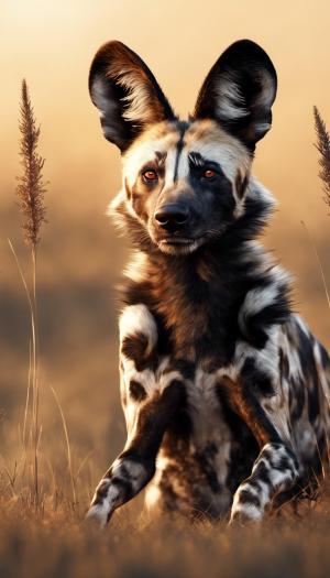 an african wild dog sitting on its belly, front legs out on the african plains, friendly, long grass, sparkling water, glistening, hyper realistic, hyper detailed, digital art, trending in artstation, cinematic lighting, studio quality, smooth render, unreal engine 5 rendered, octane rendered