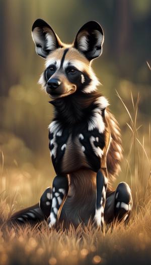 an african wild dog sitting on its belly, front legs out on the african plains, friendly, long grass, sparkling water, glistening, hyper realistic, hyper detailed, digital art, trending in artstation, cinematic lighting, studio quality, smooth render, unreal engine 5 rendered, octane rendered