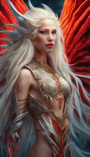 very complex hyper-maximalist overdetailed cinematic tribal fantasy closeup macro portrait of a heavenly beautiful young royal dragon queen with long platinum blonde windblown hair and dragon scale wings, Magic the gathering, pale wet skin and dark eyes and red lipstick ,flirting smiling passion seductive, vibrant high contrast, by andrei riabovitchev, tomasz alen kopera,moleksandra shchaslyva, peter mohrbacher, Omnious intricate, octane, moebius, arney freytag, Fashion photo shoot, glamorous pose, trending on ArtStation, dramatic lighting, ice, fire and smoke, orthodox symbolism Diesel punk, mist, ambient occlusion, volumetric lighting, Lord of the rings, BioShock, glamorous, emotional, tattoos,shot in the photo studio, professional studio lighting, backlit, rim lighting, Deviant-art, hyper detailed illustration, 8k