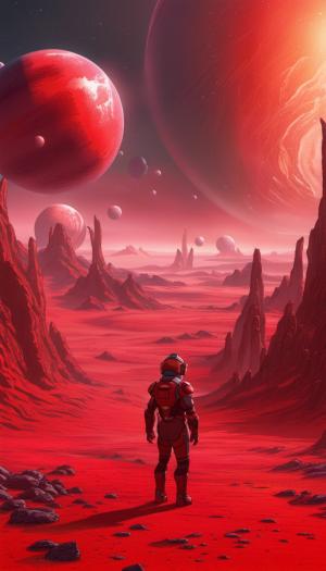  Red nava Avatar standing forward Planets in the background. On a planet called Pandora.