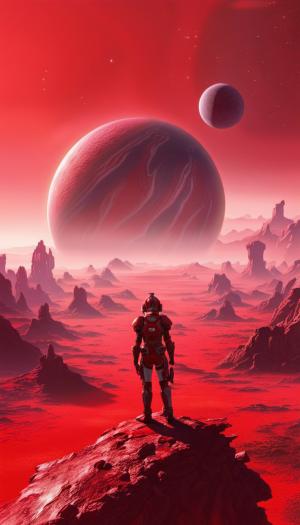  Red nava Avatar standing forward Planets in the background. On a planet called Pandora.