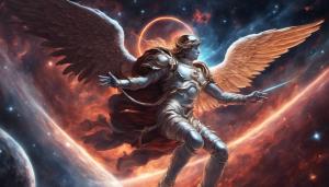 Futuristic Saint Michael archangel defeating Satan in space galaxy