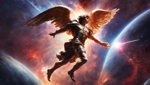 Futuristic Saint Michael archangel defeating Satan in space galaxy