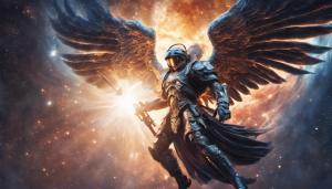 Futuristic Saint Michael archangel battling monster in space galaxy ultra sharp