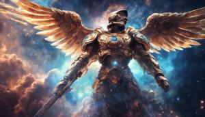 Futuristic Saint Michael archangel battling monster in space galaxy ultra sharp