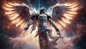 Futuristic Saint Michael archangel battling monster in space galaxy ultra sharp