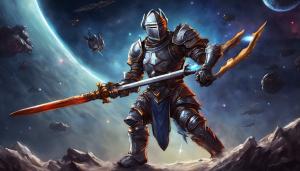 Epic knight in space fighting monsters 