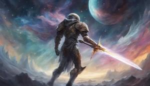 Epic knight in space fighting aliens 